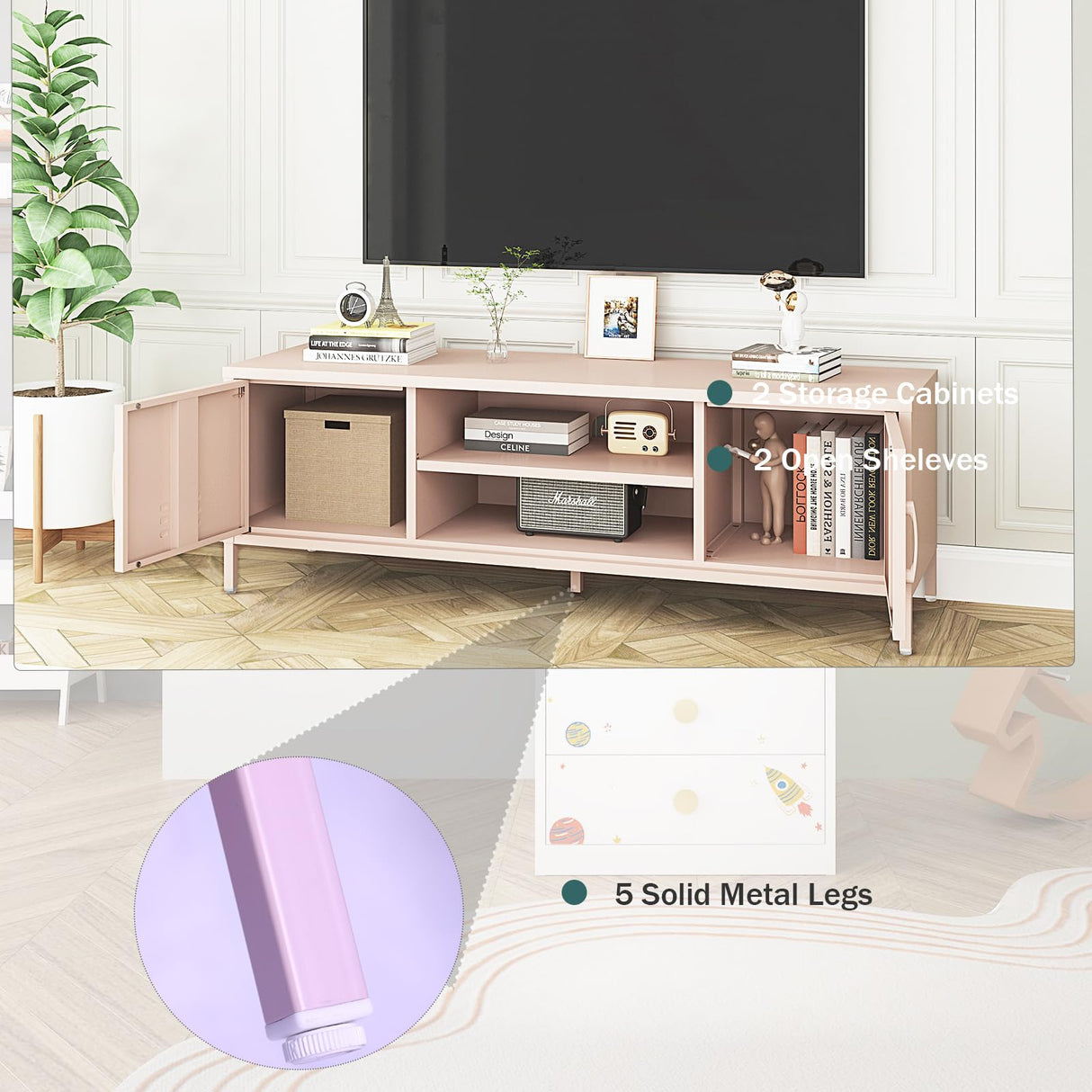 Steehoom TV Stand for 55 60 inch TV, Metal TV Cabinet Modern Mid Century Entertainment Center with Storage, TV Industrial Media Console Table 2 Cabinet for Living Room, Bedroom, Office (Pink) Steehoom