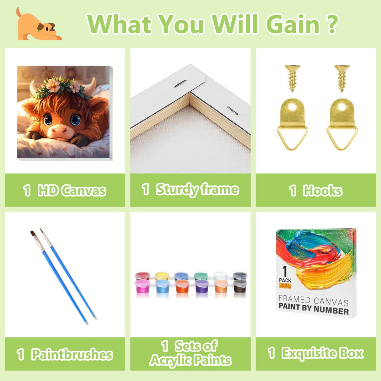 Reivworl Paint by Numbers Kit for Kids with Frame and Easel, Cow Paint by Number Kids Age 5-8-12, Paint by Numbers Gifts and Home Decor - 8X8 Inch Reivworl