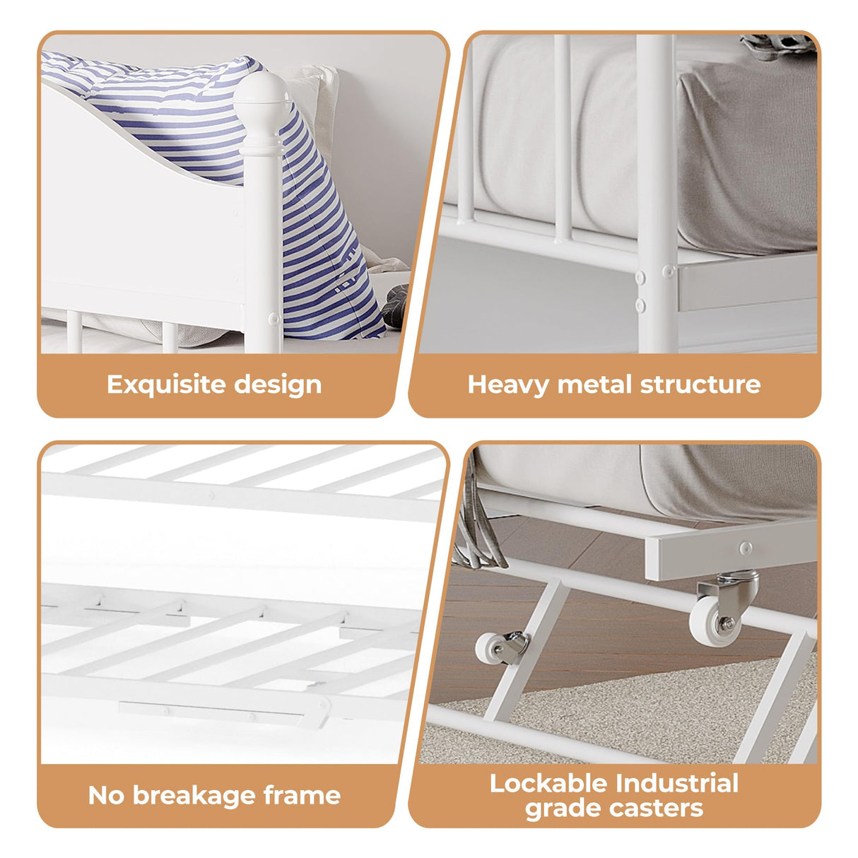 Garvee Twin Daybed with Trundle, Twin Bed Frame with Sturdy Metal Foldable Trundle, Sofa Bed with Stylish Headboard for Living Room, Bedroom and Guest Room, White Garvee