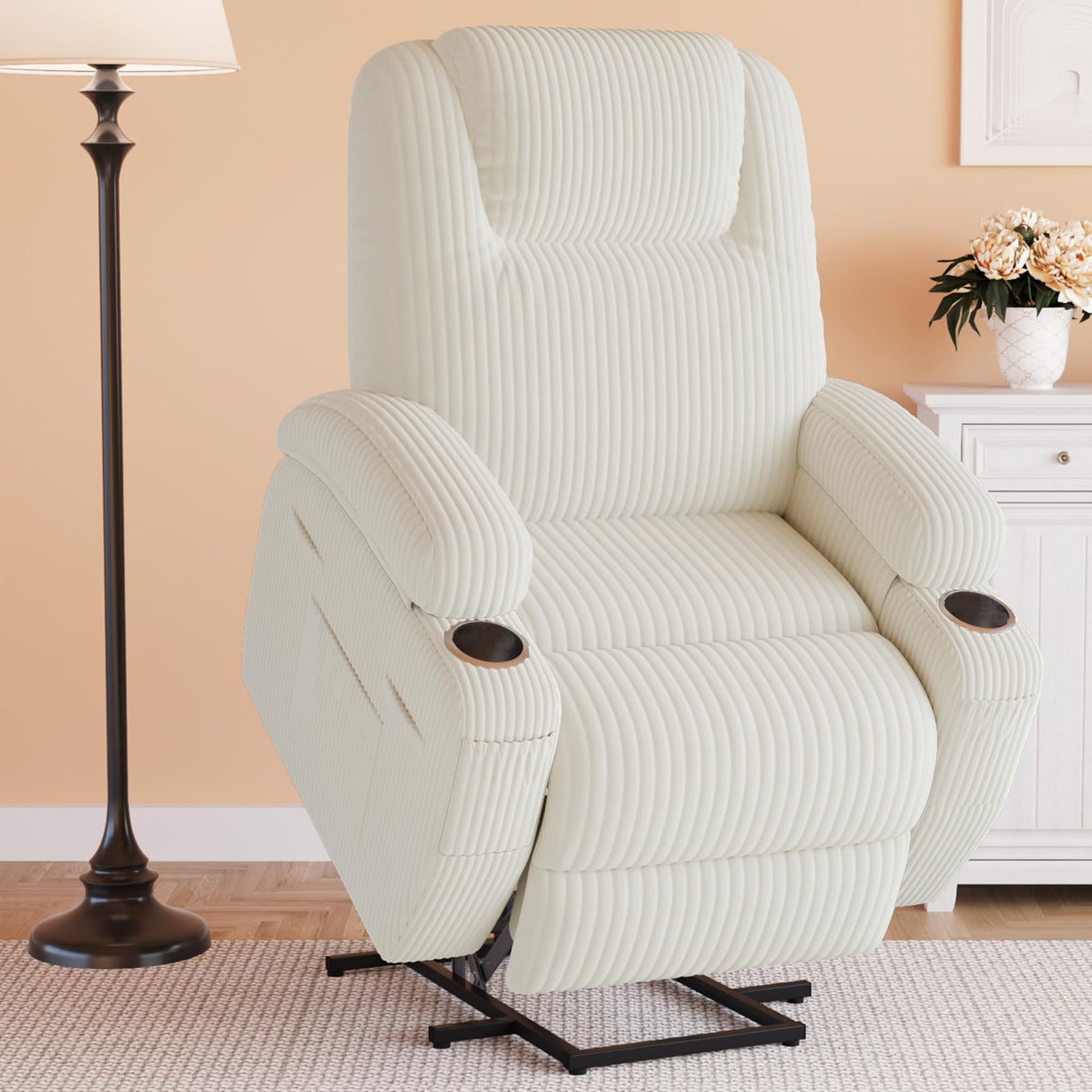 Flamaker Power Lift Chair Massage Recliner Chairs for Elderly - Ergonomic Design with Cup Holders & Side Pockets, Remote Control (White) Flamaker