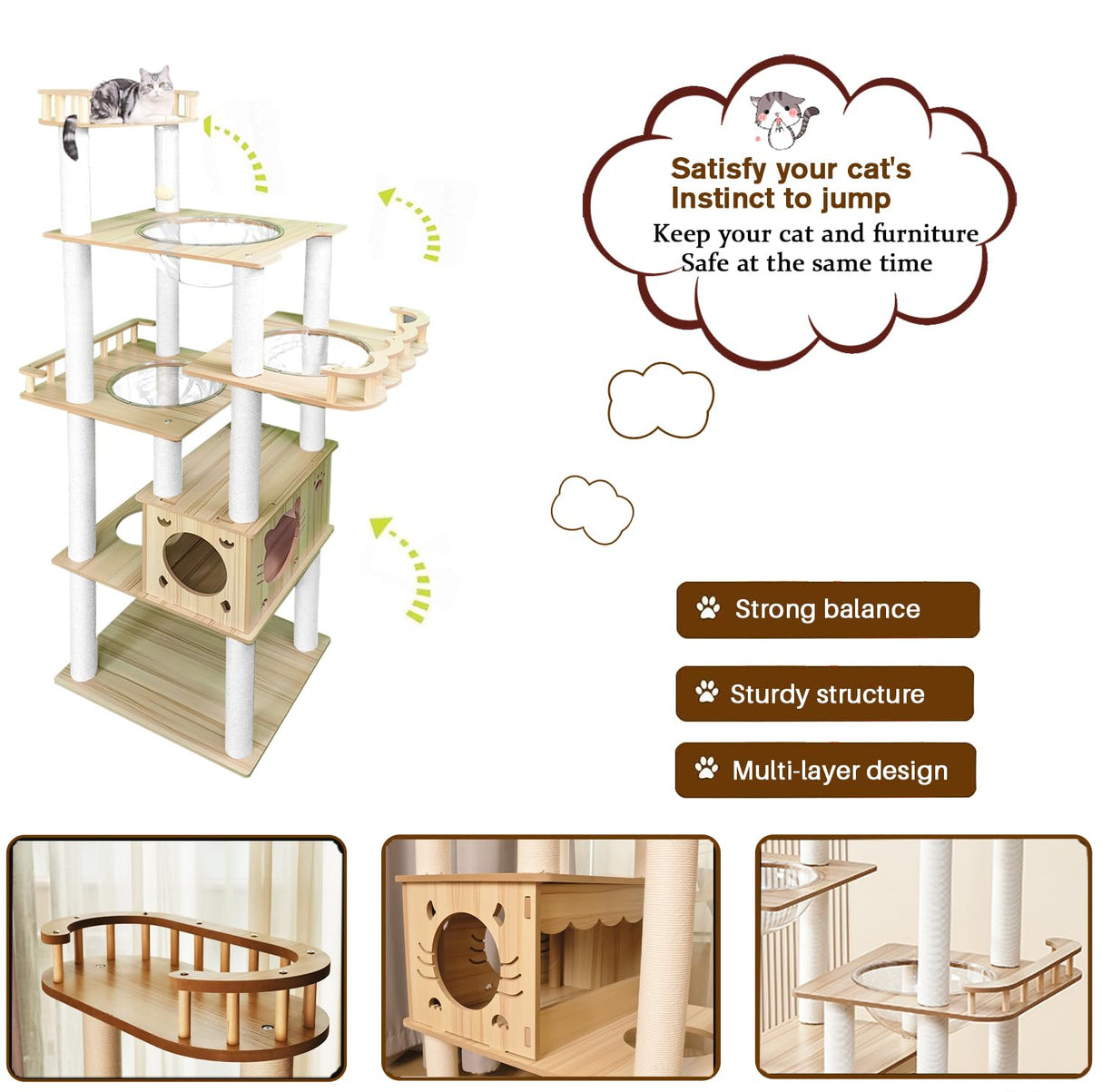 Yinanroa 73-Inch Cat Tower for Multiple Cats, Cat Tower for Large Cats, Slim, Stable, Freestanding, Popular,Prevents Cats from Falling, Space Saving, Wooden Cat Tower 20lb (8782) Yinanroa