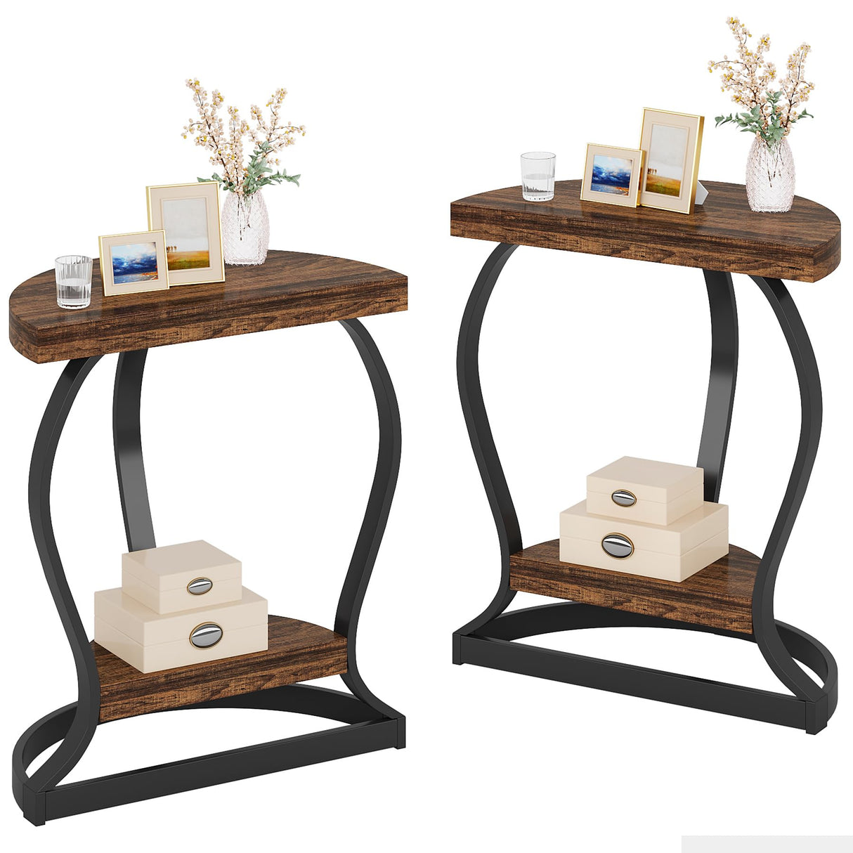 Tribesigns Half-Round End Table Set of 2, 2-Tier Wooden Half Moon Side Table Semi Circle Accent Table Bedside Table with Thicken Tabletop for Living Room, Bedroom(Rustic Brown) Tribesigns