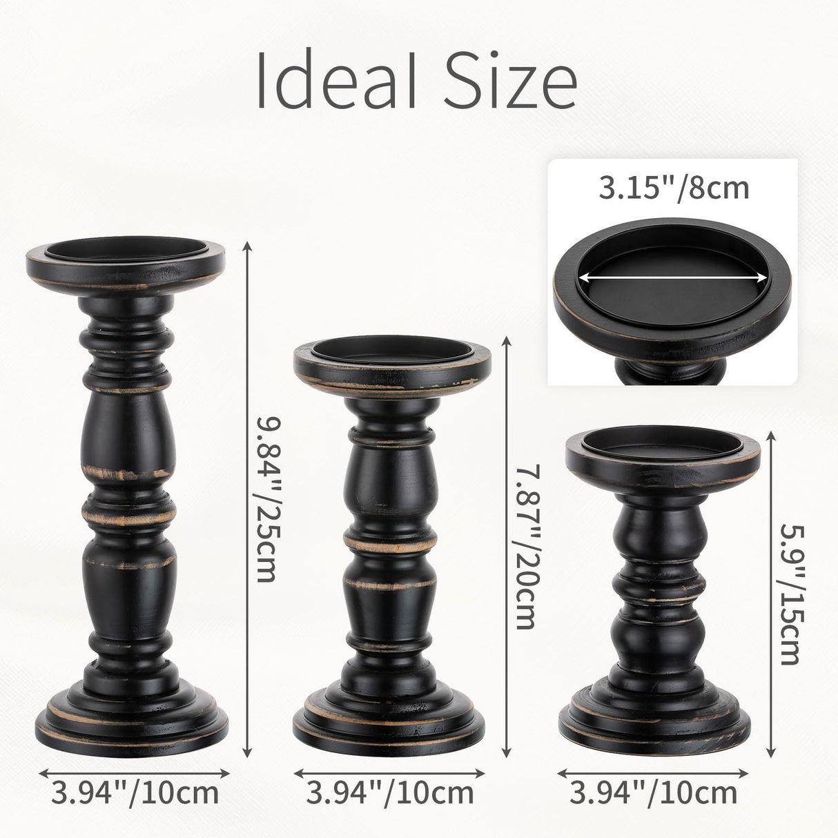 Inweder Wood Candle Holders for Pillar Candles, Solid Farmhouse Candle Holders (Set of 3), Tall Candle Holder, Stable Black Candle Holder for Home Decor, Fireplace, Event, Black Inweder