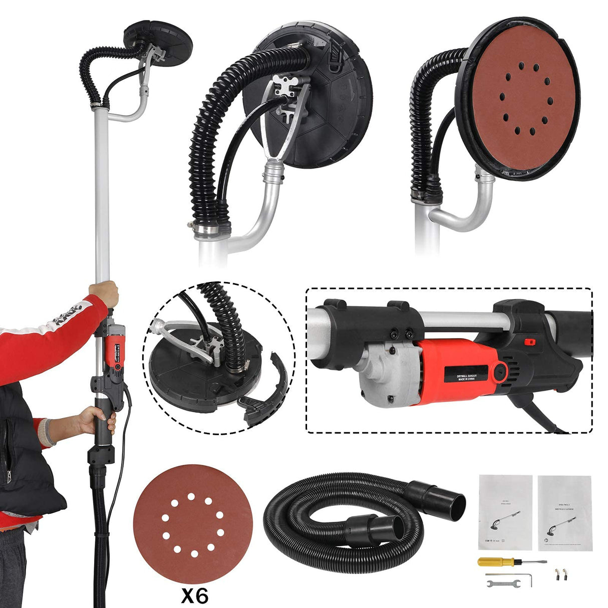 F2C Electric Drywall Sander 800w Adjustable Variable 6 Speed Disc Sander w/ 6 Sand Pads, 1000-2000RPM F2C