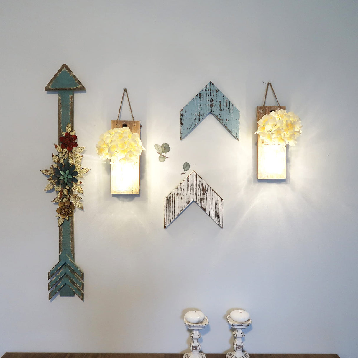 Besuerte Mason Jar Wall Sconces Set of Two, Wall Deco Cute Wall Decor with LED Fairy Lights, Art for Living Room Modern Decorations, House Decor, Rustic Brown Besuerte