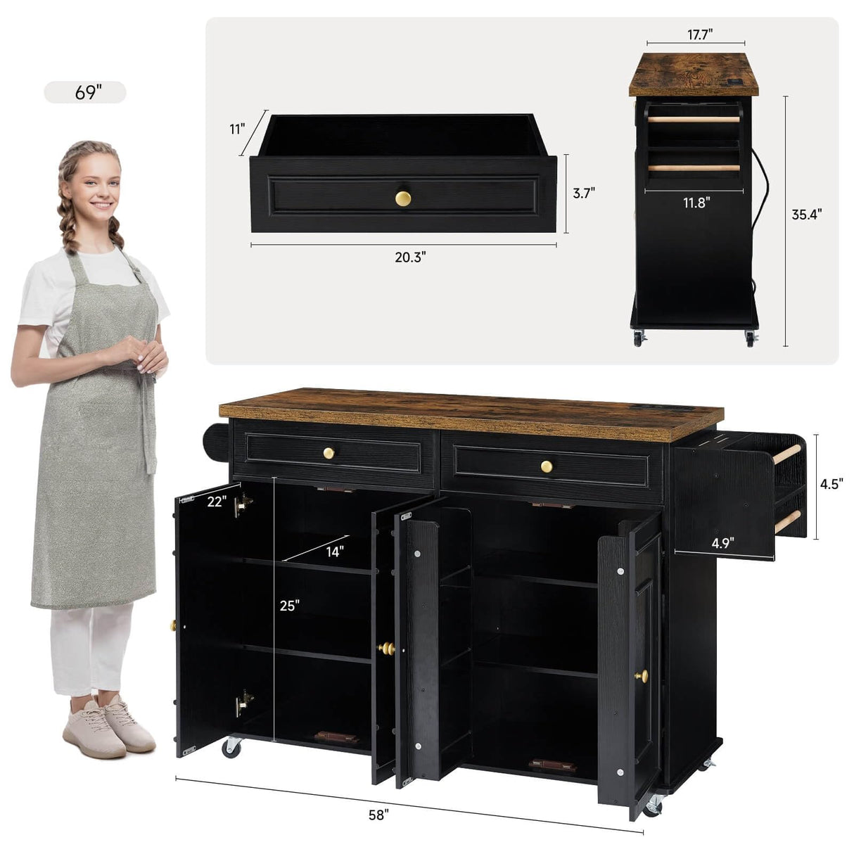 ONBRILL 58" Mobile Kitchen Island, Kitchen Island Cart with Power Outlet, Island Table for Kitchen, Home Bar Carts with Storage, Kitchen Rolling Island with Spice Rack & Towel Rack & Knife Holder ONBRILL