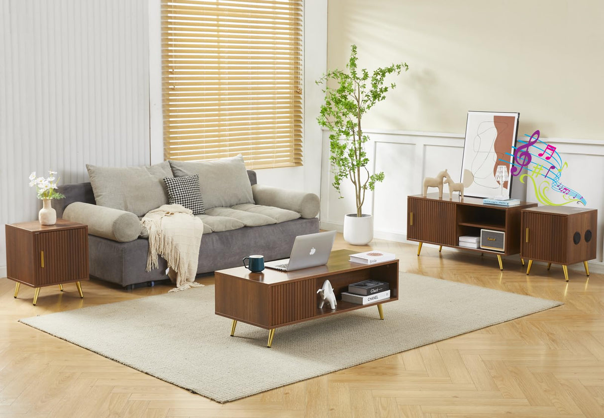 COSVALVE 41.3IN LED Walnut Coffee Tables for Living Room with 16 Colors LED Lights, Modern Minimalist Coffee Table with Fluted Panel, Rectangle Center Table Game Table COSVALVE