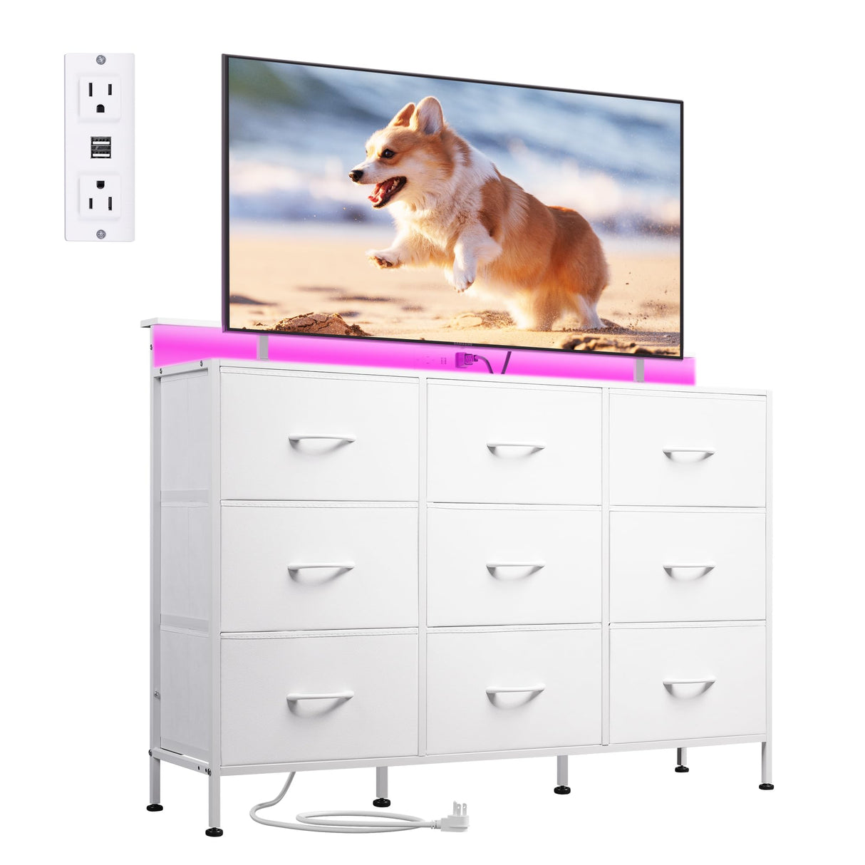 WLIVE Dresser TV Stand for 55 inch, Led Dresser for Bedroom, White Dresser for Bedroom with LED Lights and Charging Station, Chest of Drawers, 9 Fabric Dresser Drawers, Wood Top, Living Room, Closet WLIVE