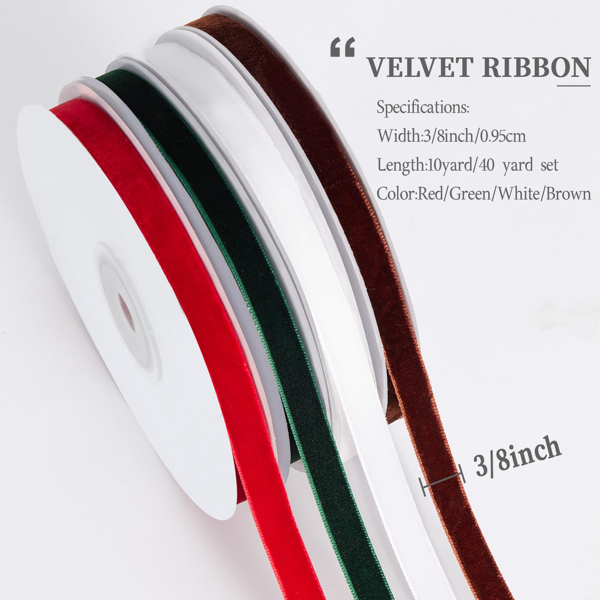 YANGTE 4 Colors Velvet Ribbon Set, 3/8" x 40Yard Premium Christmas Velvet Ribbon for Gift Wrapping, Christmas Tree Ornaments Handmade Crafts Bow Making（Red,Green,White,Brown） YANGTE
