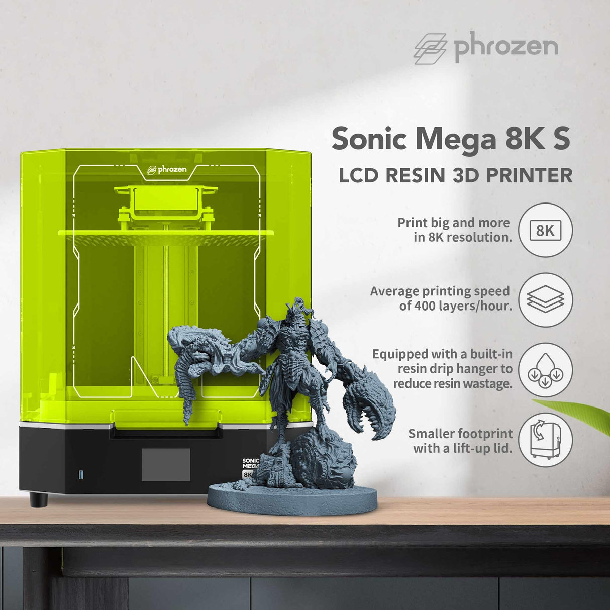 phrozen Sonic Mega 8K S LCD/MSLA Resin 3D Printer, 43 µm High Resolution, 15 inch Mono LCD Screen, Fast Production Accurate Details, Large Printing Size L12.99xW7.28xH11.81 Printing Volume phrozen