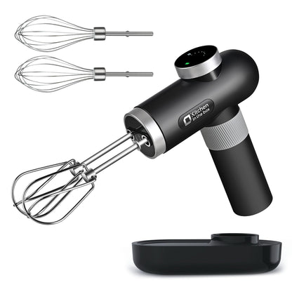 Kitchen in the box Cordless Rechargeable Handheld Mixer for Kitchen, Portable Electric Kitchen Mixer with Beaters, Whisks, 6-Speed Digital Display, Charging Base and USB-C Charge Cable (Classic Black)