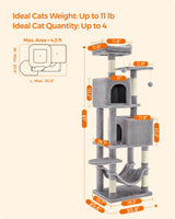 Feandrea Cat Tree, 61-Inch Cat Tower for Indoor Cats, Plush Multi-Level Cat Condo with 5 Scratching Posts, 2 Perches, 2 Caves, Hammock, 2 Pompoms, Light Gray UPCT192W01 Feandrea