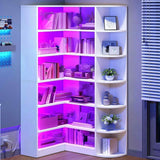 YITAHOME Corner Bookshelf with LED Light, 6 Tier Corner Shelf White Bookshelf L-Shaped Bookcase Storage Display Shelf for Home Office, Living Room, White YITAHOME