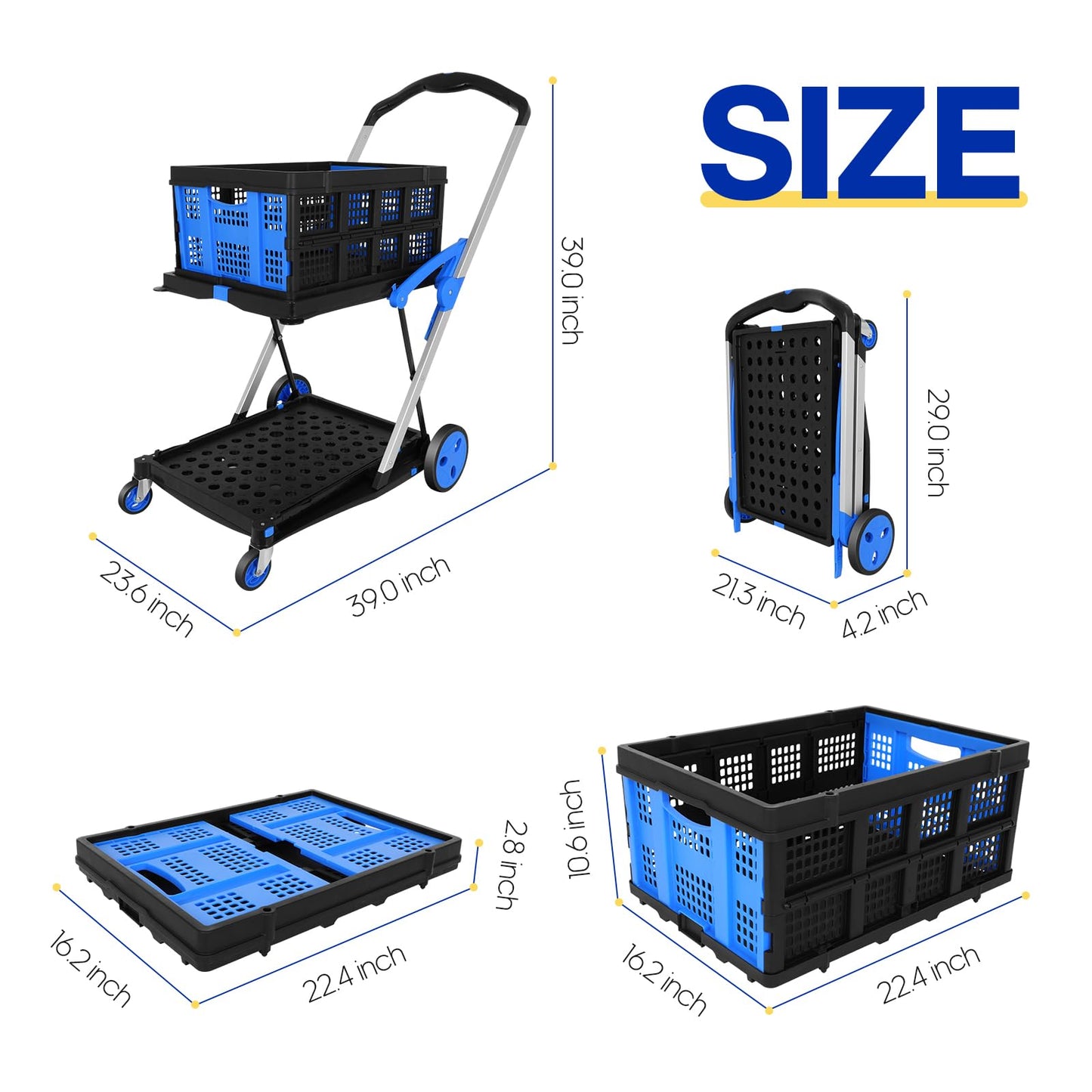 Multifunctional Folding Cart with Wheels,Two Layers Collapsible Utility Cart for Groceries,Office,Warehouse,Supermarket, Double Layer Foldable Shopping Cart(Blue),Collapsible Handcart Heavy Duty