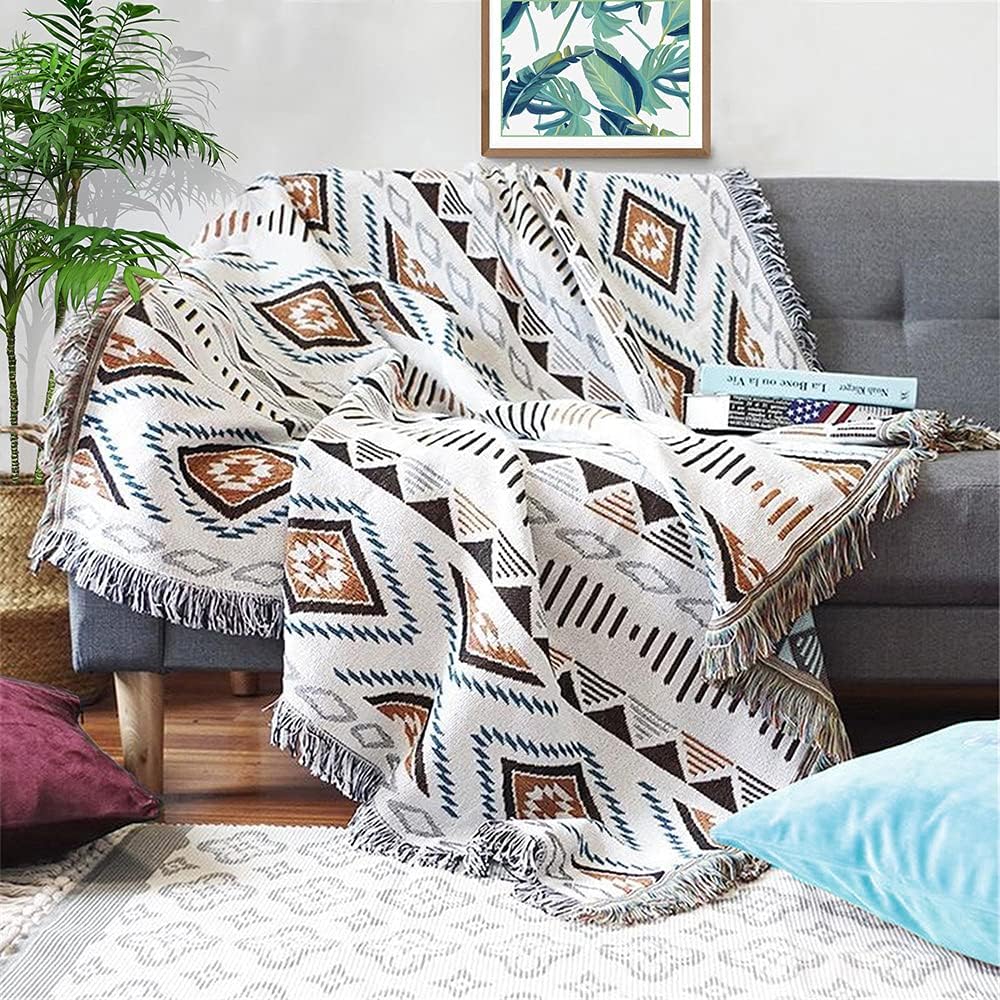 Lqprom Boho Throw Blankets Knit Bed Blankets with Tassel Aztec Western Throws Cover Christmas Decor for All Season Sofa Couch Chair Outdoor Camping Picnic Tent Beach Car Traveling 51"x63" Lqprom