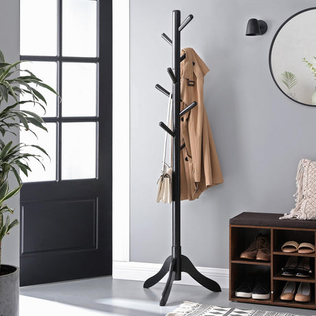 VASAGLE Solid Wood Coat Rack, Free Standing Coat Rack, Tree-Shaped Coat Rack with 8 Hooks, 3 Height Options, for Clothes, Hats, Bags, for Living Room, Bedroom, Home Office, Black URCR001B01 VASAGLE