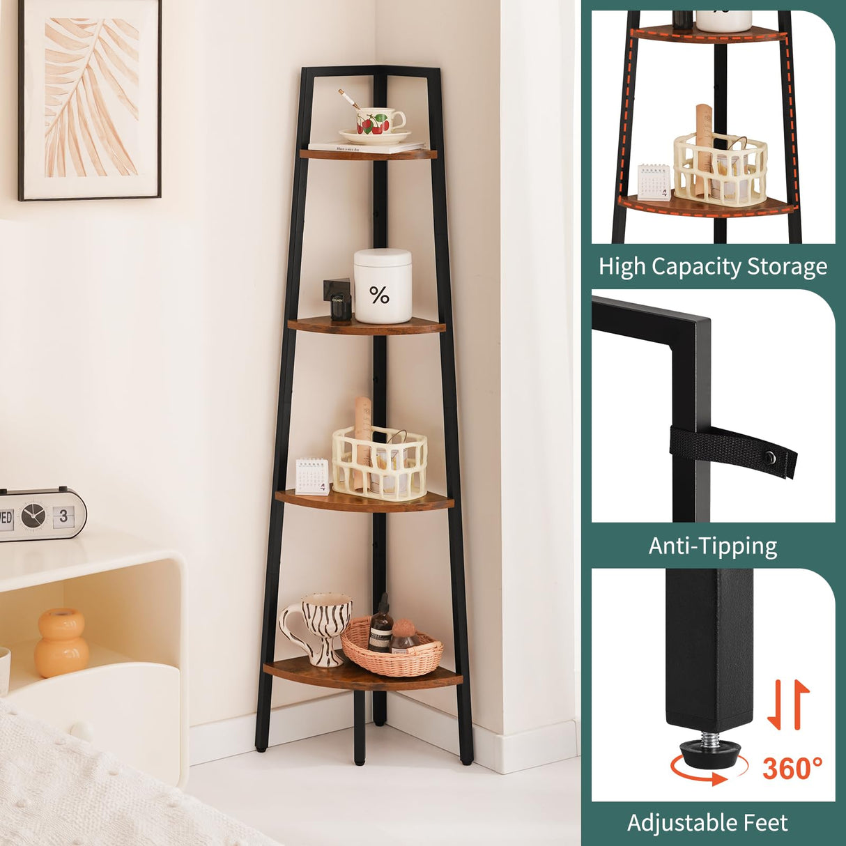 Yoobure 4-Tier Corner Bookshelf with Metal Frame - Ladder Display Shelf for Bedroom and Living Room, Tall Wood Corner Bookcase and Plant Stand Yoobure