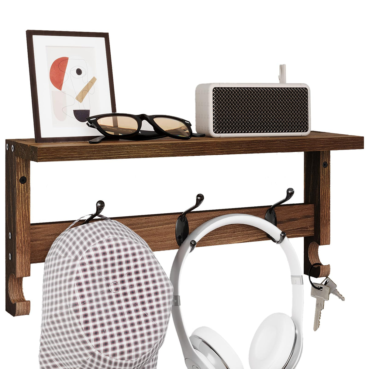 VERTORGAN Wall Hooks with Shelf, Coat Hooks Wood Coat Rack Wall-Mounted, Wall Hooks for Entryway, Living Room, Bathroom (Brown) VERTORGAN