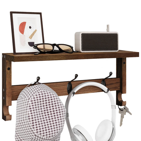 VERTORGAN Wall Hooks with Shelf, Coat Hooks Wood Coat Rack Wall-Mounted, Wall Hooks for Entryway, Living Room, Bathroom (Brown) VERTORGAN