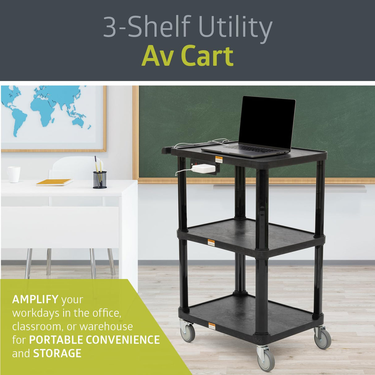 Pearington 3-Shelf Mobile Utility Cart with 3 Outlets and 8' Cord, Heavy-Duty Service Cart for Offices and Warehouses with 3 Shelves, Black Pearington