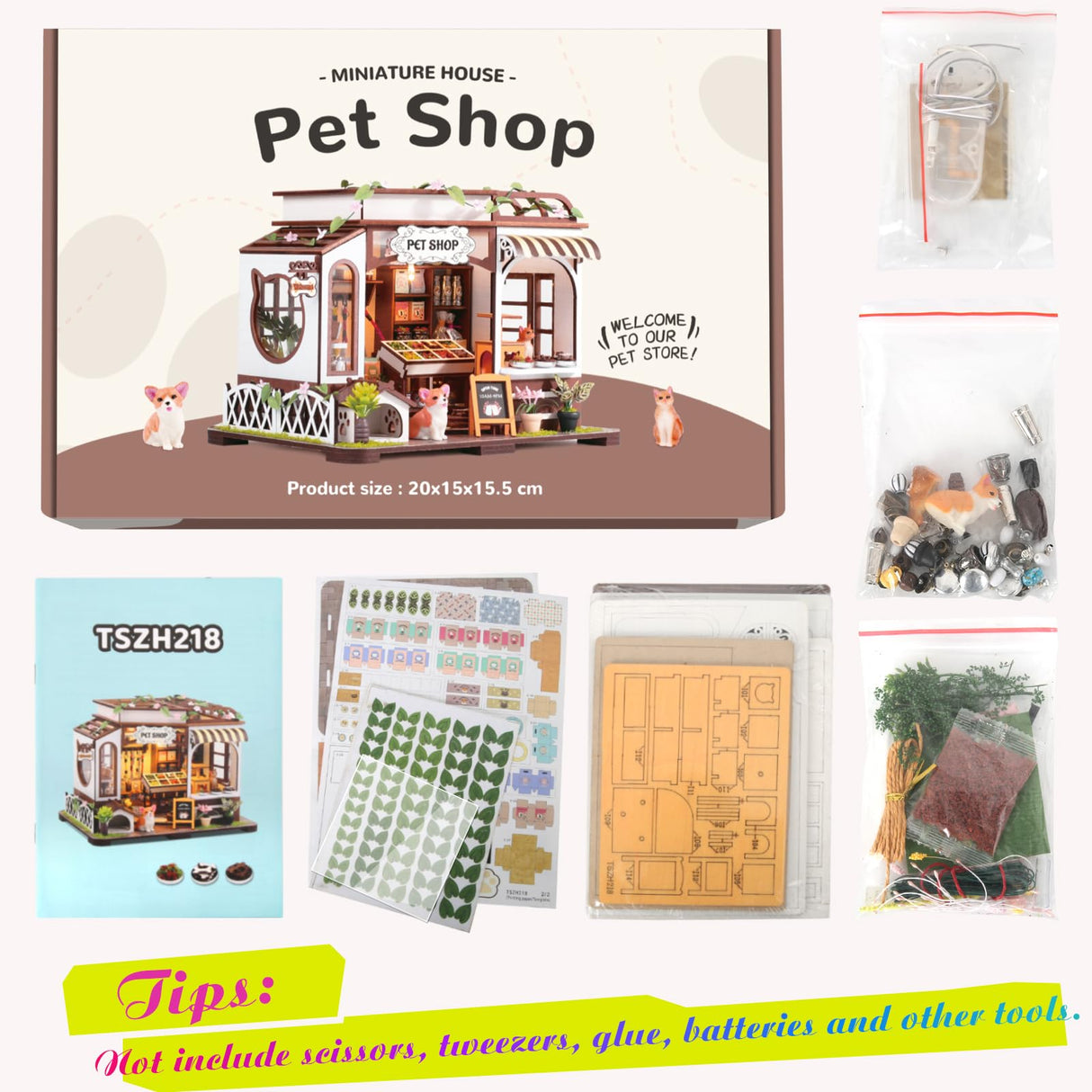 DIY Miniature House Kit,Tiny House Pet Shop with Furniture & LED,DIY Dollhouse Miniature Kit for Adults Teen,Mini House Building kit,3D Wooden Craft Mini Model Kit,Birthday Gifts Home Decor lovelyhome