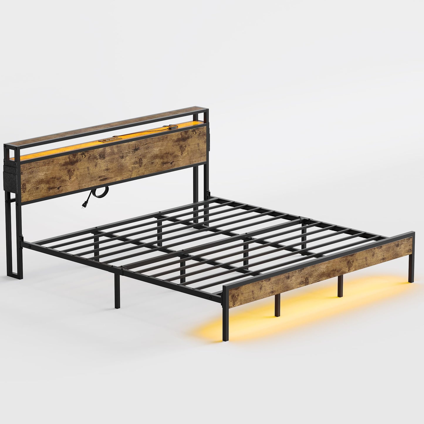 Bestier King Size Bed Frame with Headboard, Dual LED Lights, and Integrated Charging Station - WoodArtSupply