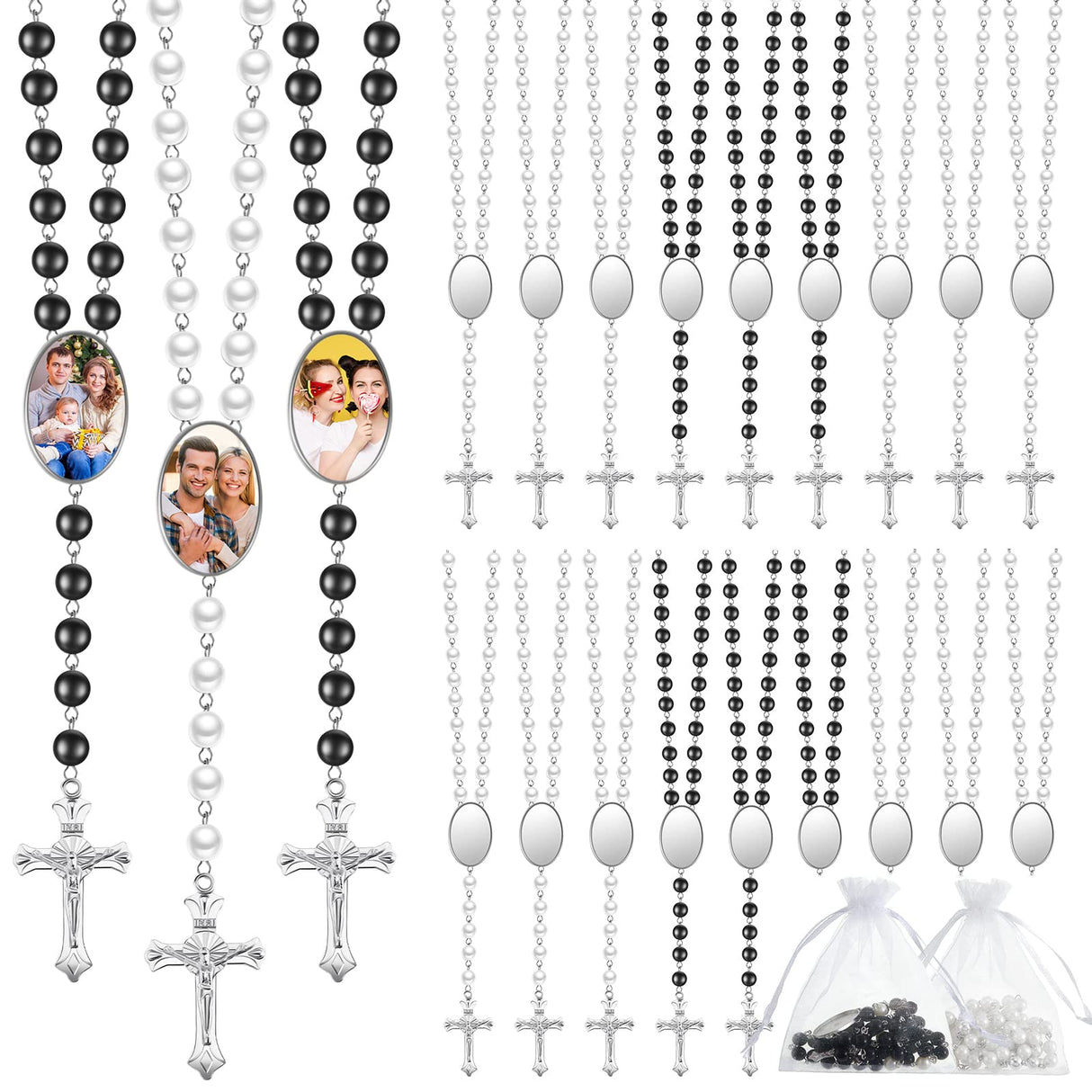 Sublimation Blanks Rosary Beads Necklace Set Catholic Rosary Printable Insert Rosary Necklace Prayer Beads Rosary with Sheer Organza Bags for Baptism Women Men Jewelry Gifts DIY Making (24 Set) Taiyin
