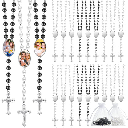 Sublimation Blanks Rosary Beads Necklace Set Catholic Rosary Printable Insert Rosary Necklace Prayer Beads Rosary with Sheer Organza Bags for Baptism Women Men Jewelry Gifts DIY Making (24 Set)