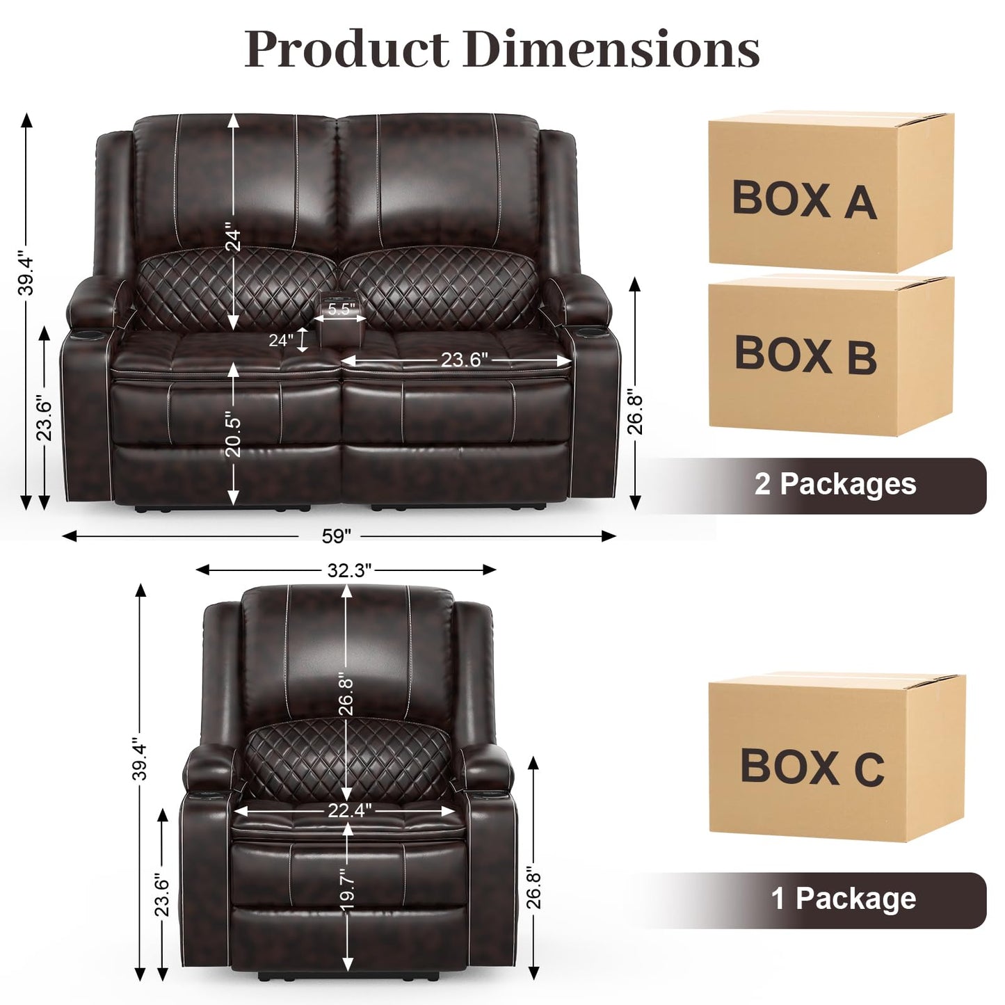 Yolsali Loveseat Recliner Sofa Set with 2-Tier Cushion, 2+1 Pieces in Living Room, 2 Seater Reclining Loveseat Leather with Removable Console, 1 Oversize Recliner Chair Sofa Seat