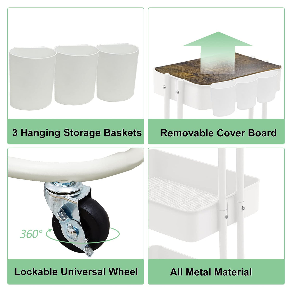 3-Tier Metal Utility Rolling Cart Storage Side End Table with Cover Board for Office Home Kitchen Organization, Cream White Melody House