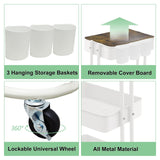 3-Tier Metal Utility Rolling Cart Storage Side End Table with Cover Board for Office Home Kitchen Organization, Cream White Melody House