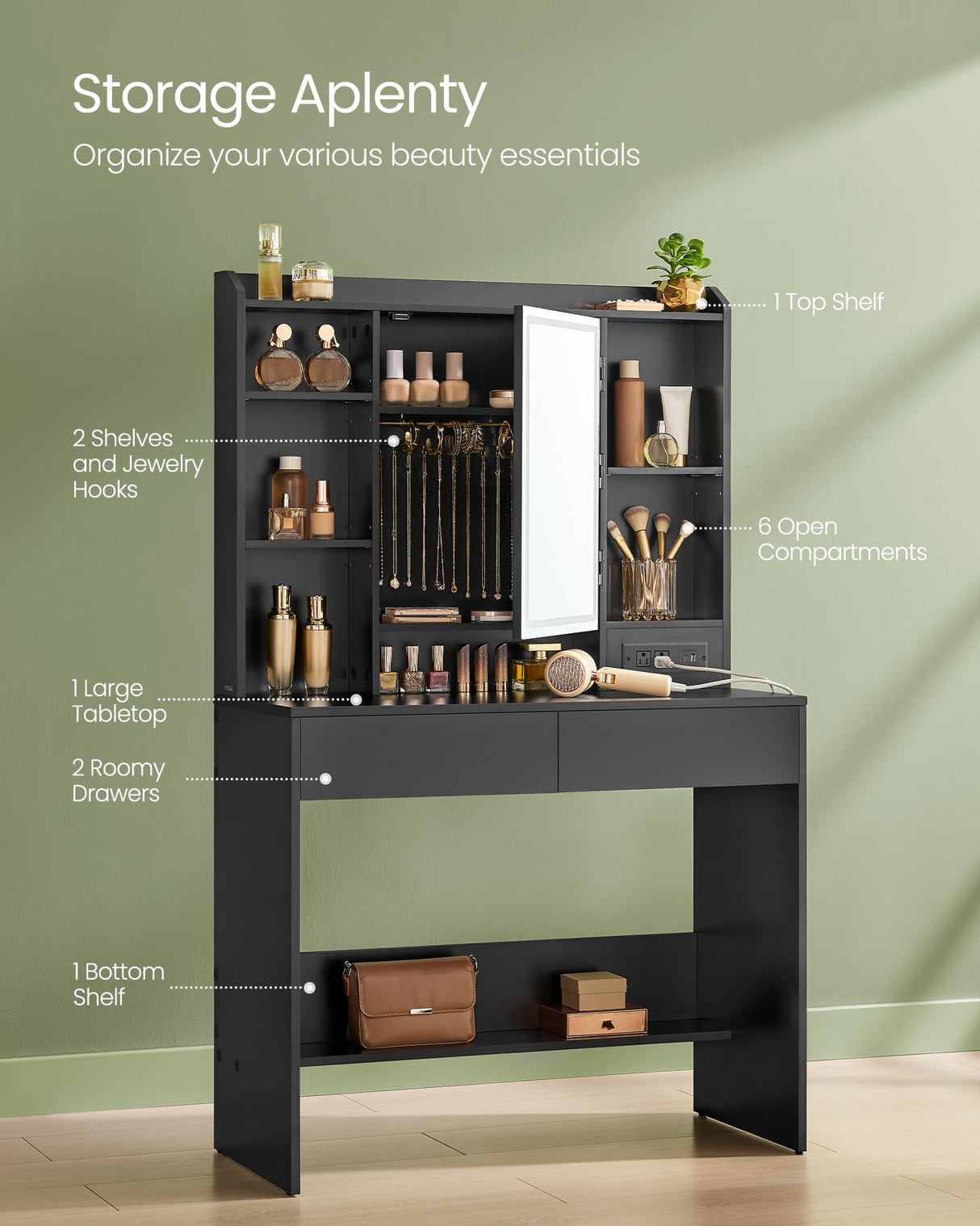 VASAGLE Vanity Desk with Power Outlets, Makeup Vanity with Mirror and Lights, Upholstered Vanity Stool, Dimmable LED Lights, 6 Compartments, 2 Drawers, for Bedroom, Ink Black URDT031B01 VASAGLE