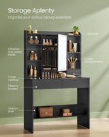 VASAGLE Vanity Desk with Power Outlets, Makeup Vanity with Mirror and Lights, Upholstered Vanity Stool, Dimmable LED Lights, 6 Compartments, 2 Drawers, for Bedroom, Ink Black URDT031B01 VASAGLE