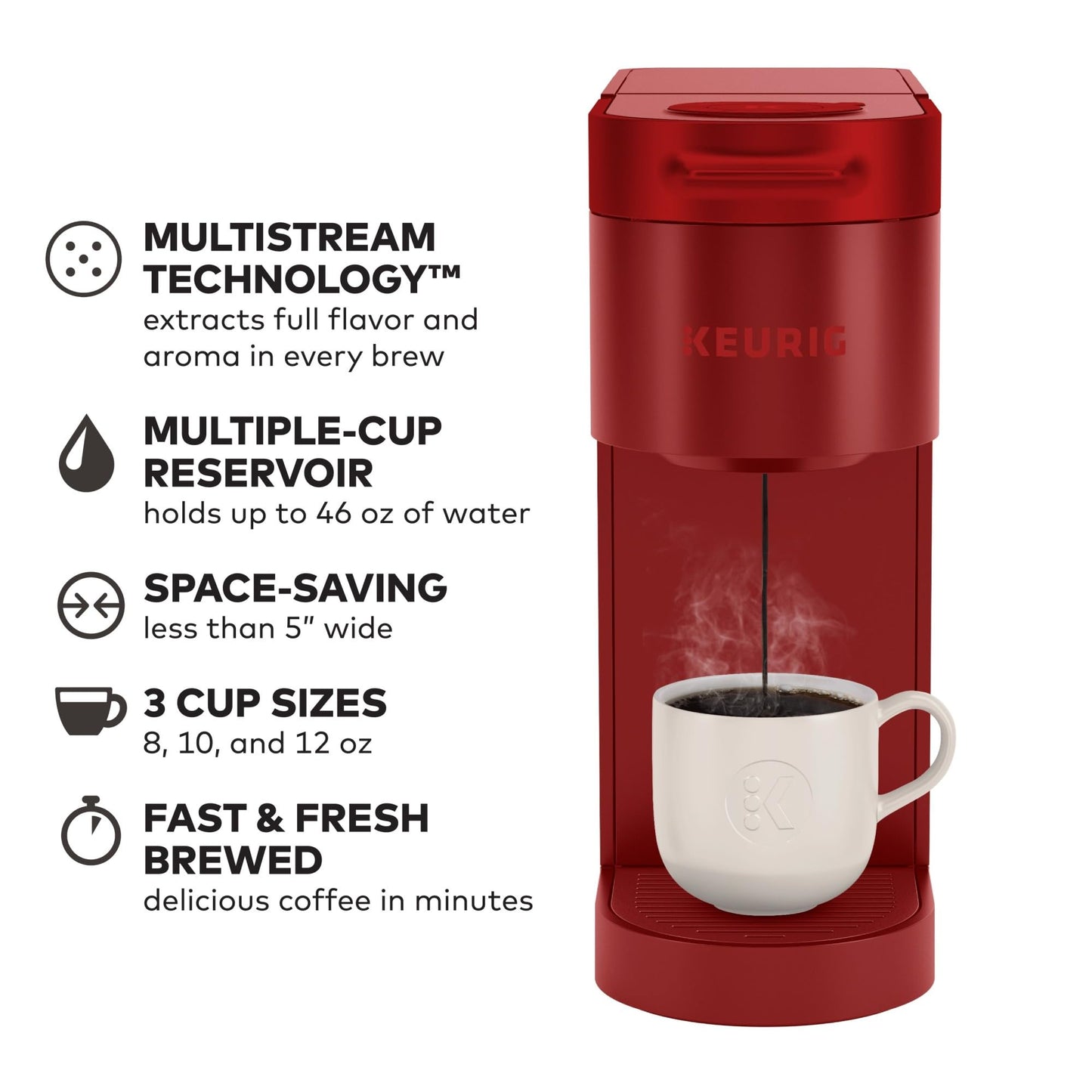 Keurig K- Slim Single Serve K-Cup Pod Coffee Maker, with 3 Brew Sizes, Multistream Technology, 46oz Removable Reservoir, Scarlet Red