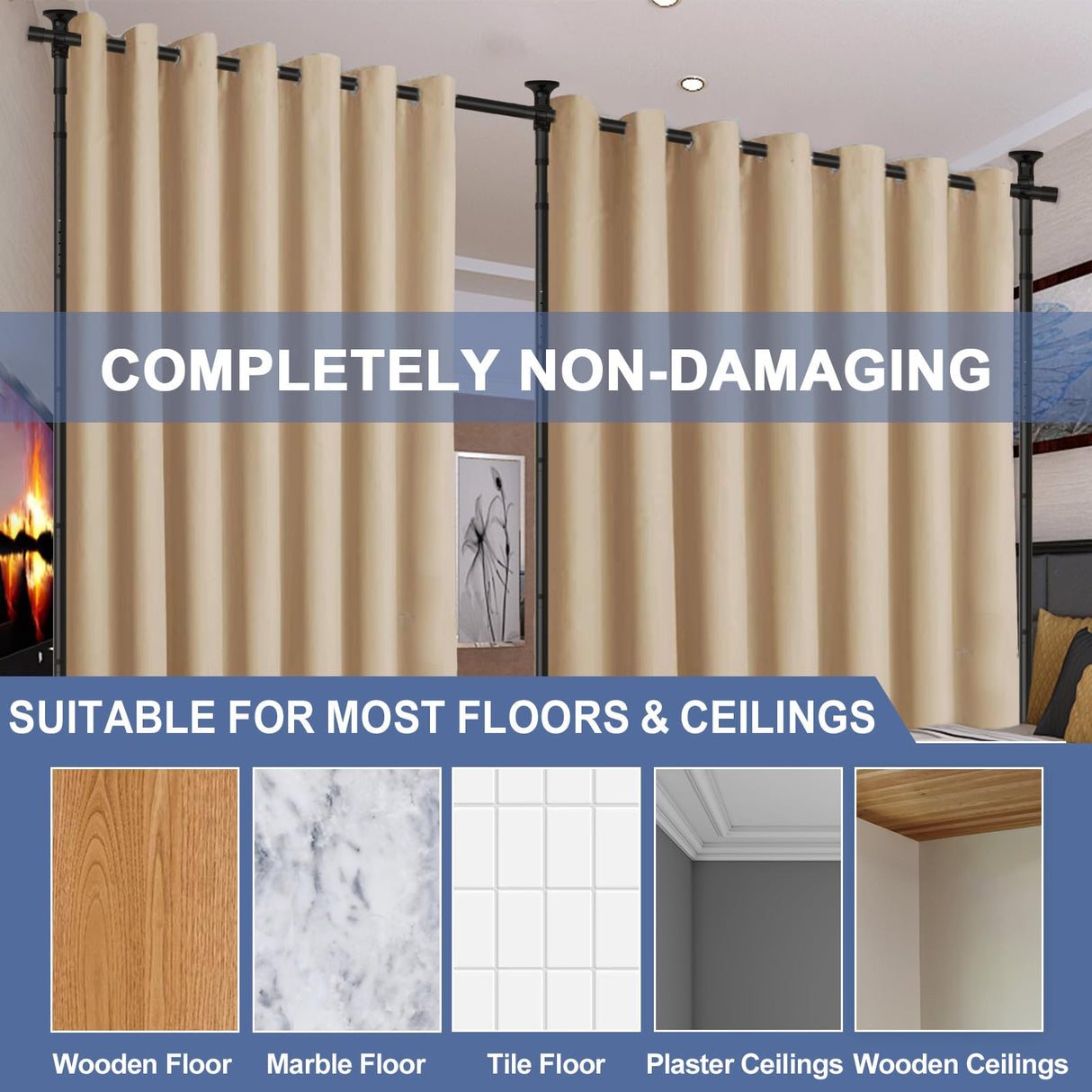 Room Divider, No Drilling Curtain Rod for Room Separation, 4-10ft (H) 28-114inch(W) Adjustable Heavy Duty Floor to Ceiling Wall Divider Hanging Room Dividers Partition Space Separator Matte Black HORSE SECRET