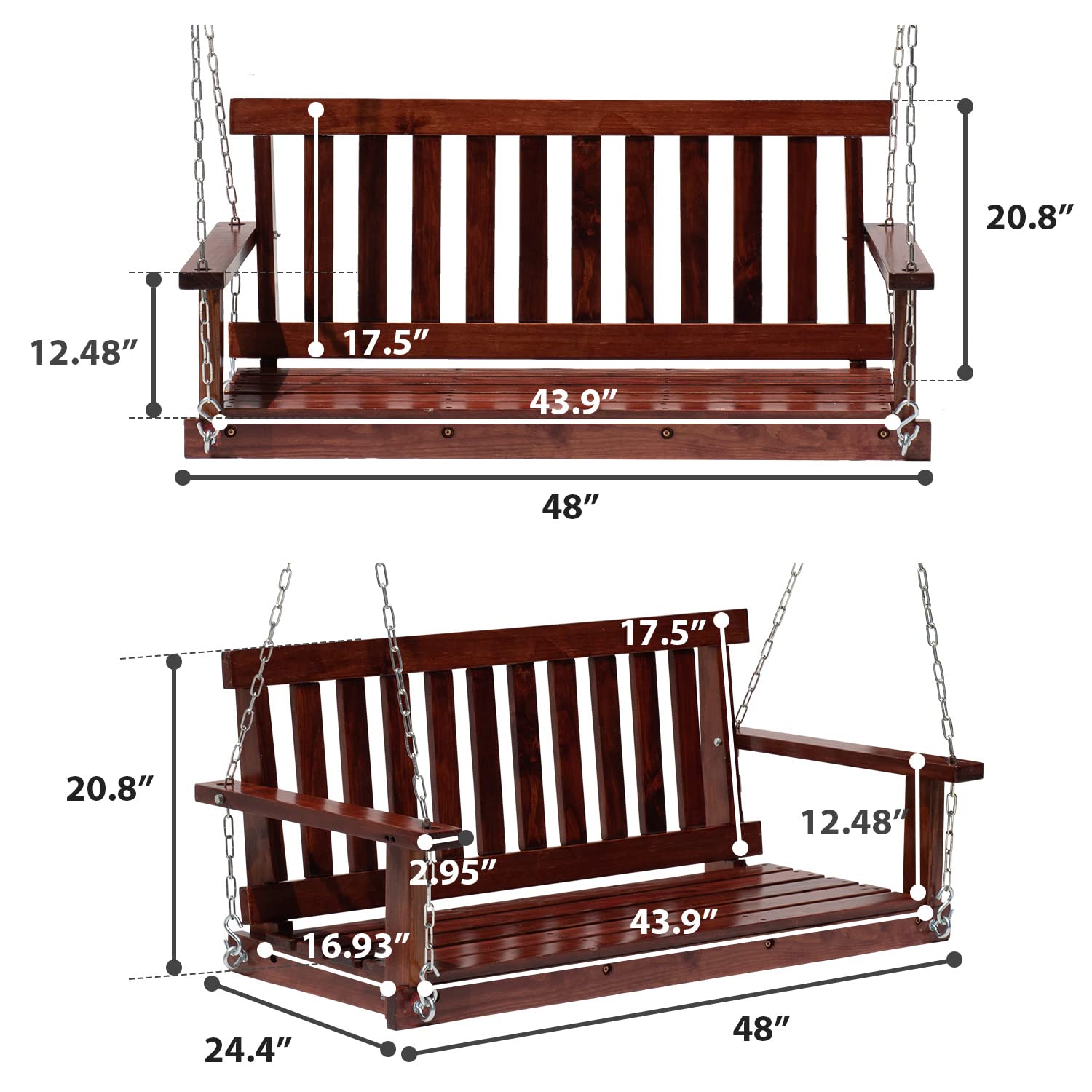 Wooden Porch Swing Chair for 2-Seater, Outdoor Patio Swing with Hanging Chains and Reclined Backrest for Yard Patio Garden, Swing Bench Hanging Swing Outdoor Swings for Adults, 800 lbs Capaci - WoodArtSupply