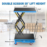 Hydraulic Lift Table Cart, Double Scissor Lift, 330 Lbs Capacity, 50" Height with Non-Slip Pad, 4 Safety Bumper PU Wheels, Ideal for Home, Garage, Supermarket, Factory, Warehouse, Construction Sturdon