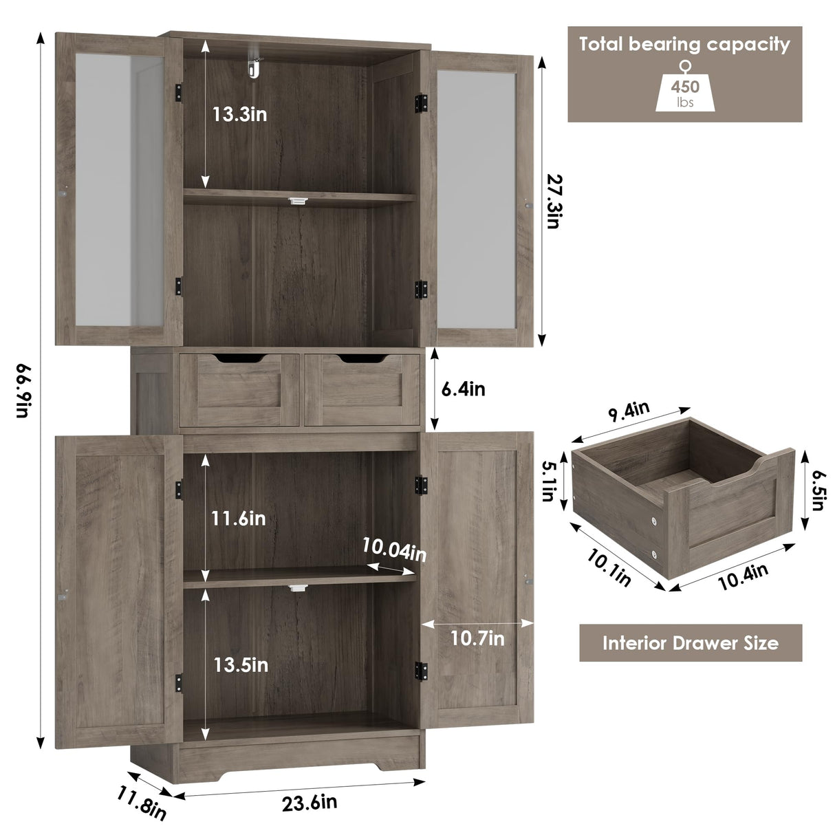 HOSTACK 64" Modern Ash Grey Storage Cabinet with Glass Doors and Drawers HOSTACK