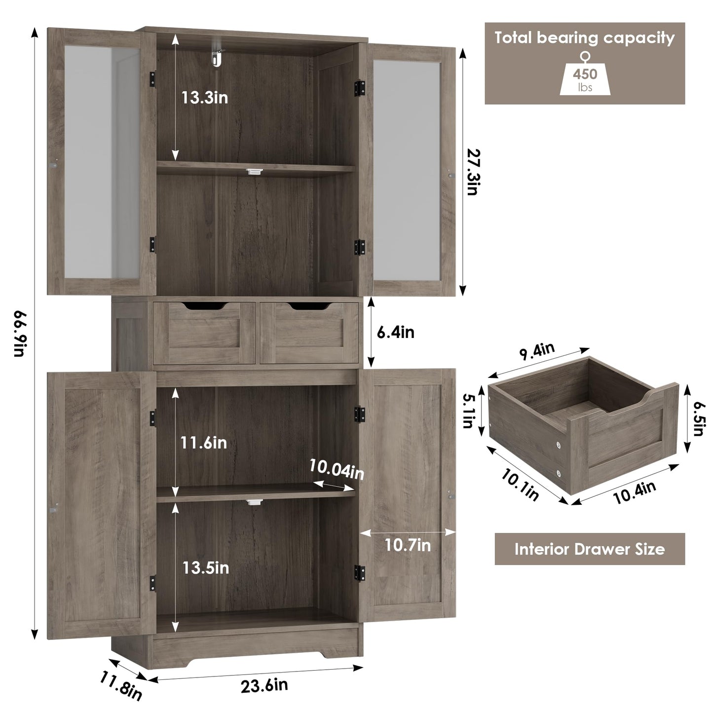 HOSTACK 64" Storage Cabinet, Tall Kitchen Pantry Cabinet, Modern Bathroom Storage Cabinet with Shelves | Drawers and Glass Doors, Free Standing Linen Cabinet Cupboard for Dining Room, Ash Grey