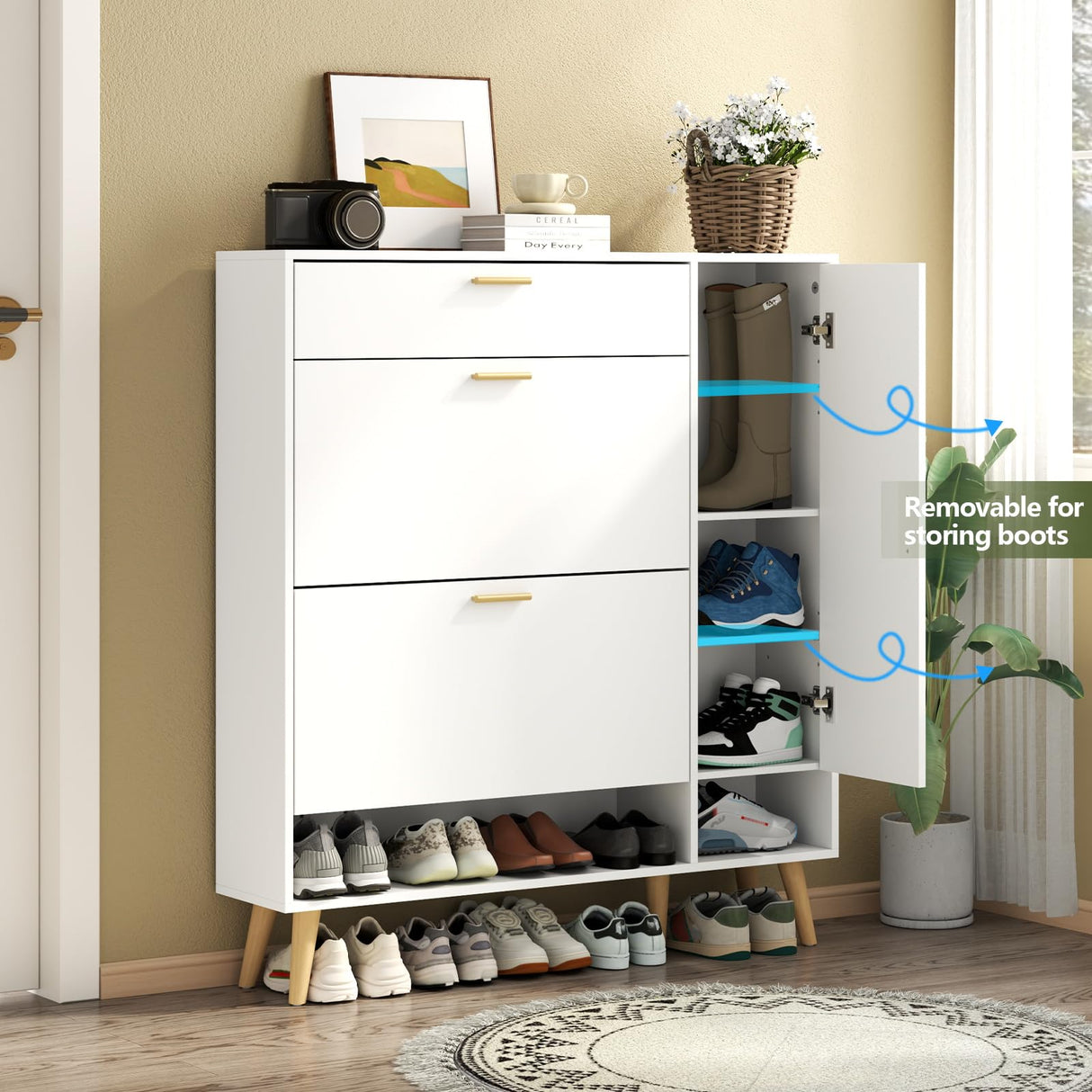 Gyfimoie Shoe Cabinet with 3 Flip Drawers & Side Cabinet and Adjustable Shelves, Narrow Entryway Hidden Shoe Rack with Doors, Hallway Organizer (White) Gyfimoie