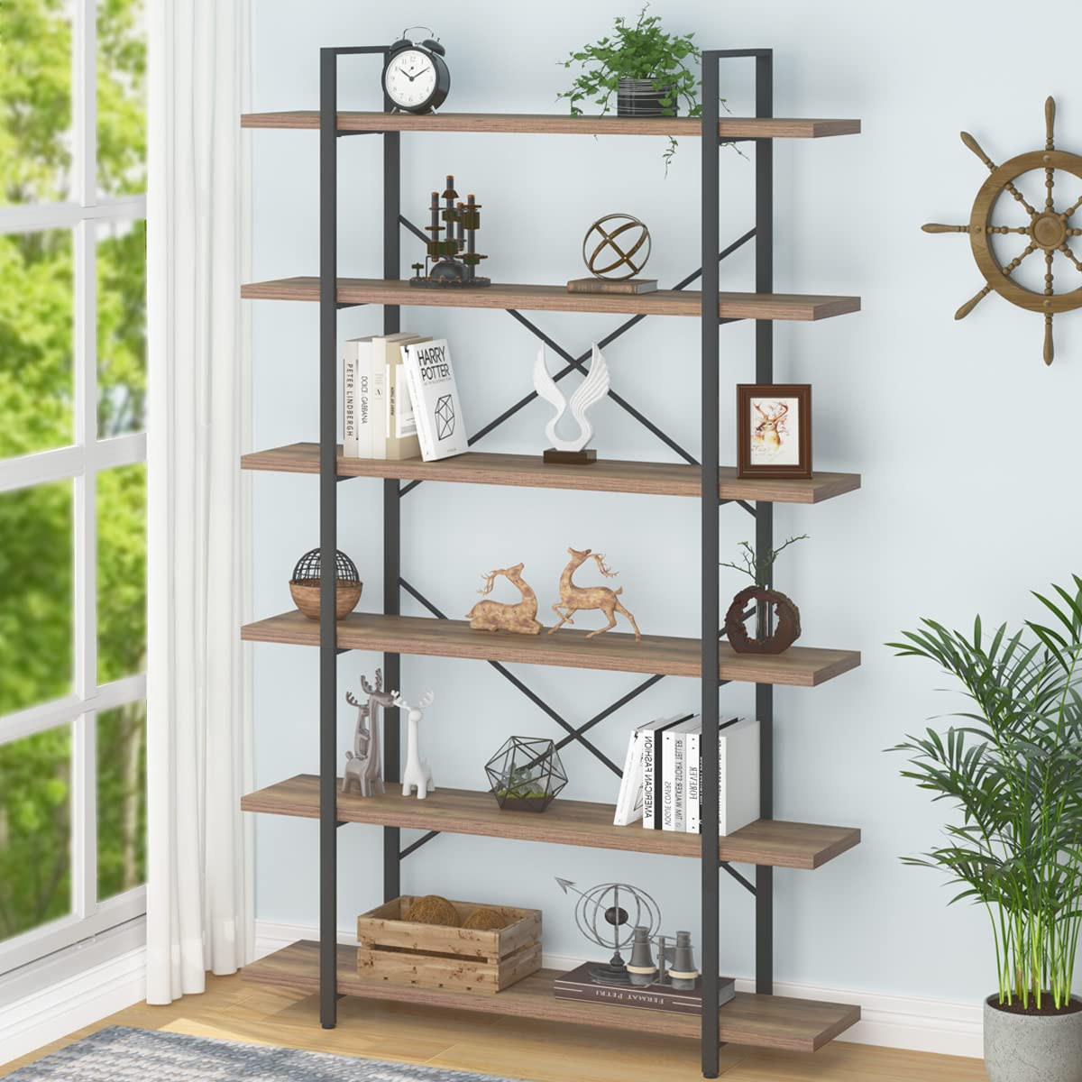 HSH Rustic Oak 6-Tier Tall Bookcase & Storage Rack with Metal Frame - WoodArtSupply