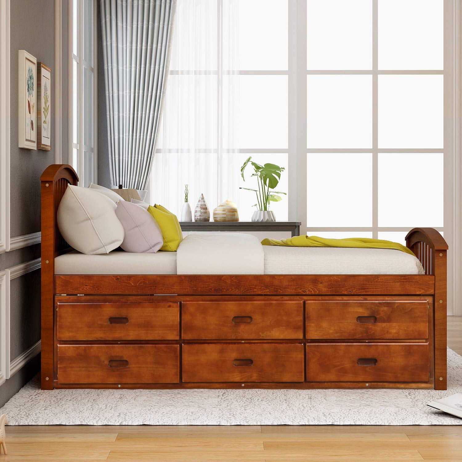 Merax Walnut Twin Size Solid Wood Platform Bed with 6 Storage Drawers - WoodArtSupply