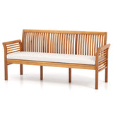 COSTWAY Wooden Outdoor Bench with White Cushion, Garden Bench with Curved Armrest & Slatted Back for Patio, Park & Porch, 23”x 62.5”x30.5” COSTWAY