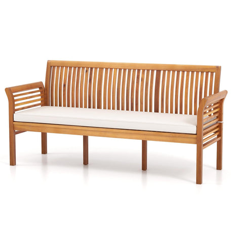 COSTWAY Wooden Outdoor Bench with White Cushion, Garden Bench with Curved Armrest & Slatted Back for Patio, Park & Porch, 23”x 62.5”x30.5” COSTWAY