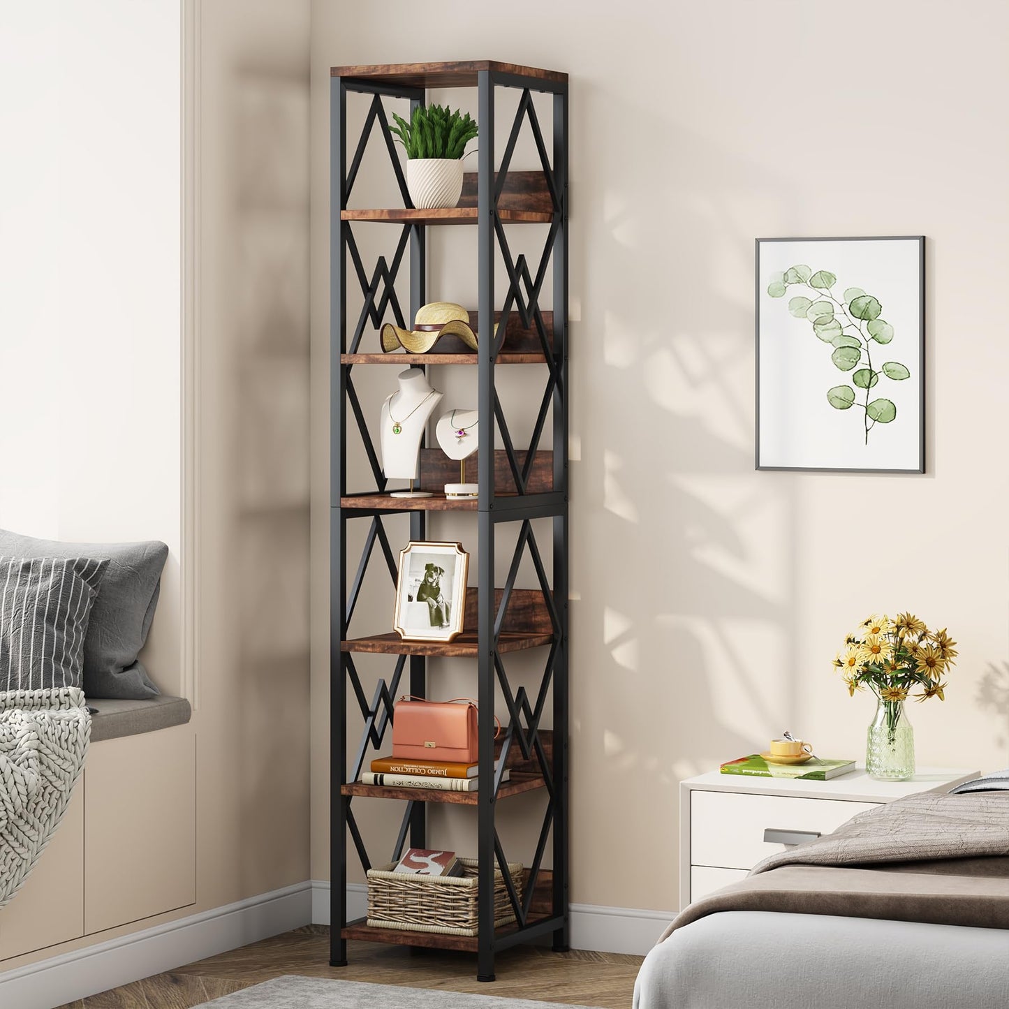 Tribesigns 75-Inch Tall Narrow 6-Tier Bookshelf with Heavy Duty Metal Frame in Brown - WoodArtSupply