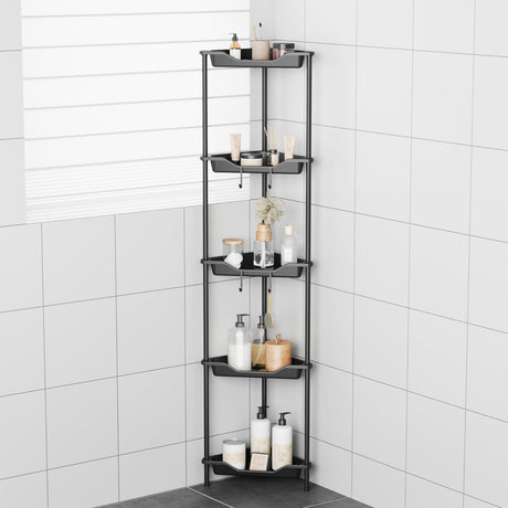 ODesign 5 Tier Floor Standing Corner Shower Caddy Organizer, Plastic Metal Floor Corner Shelf Storage Rack for Bathroom Black- Rustproof ODesign