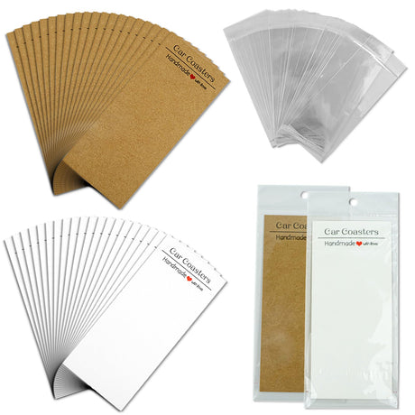 GTILE 100 Pcs Car Coaster Packaging Kit for Selling, Include 50 Sublimation Car Coasters Brown Paper and 50 White Paper Card with 100 Self-Seal Bags GTILE