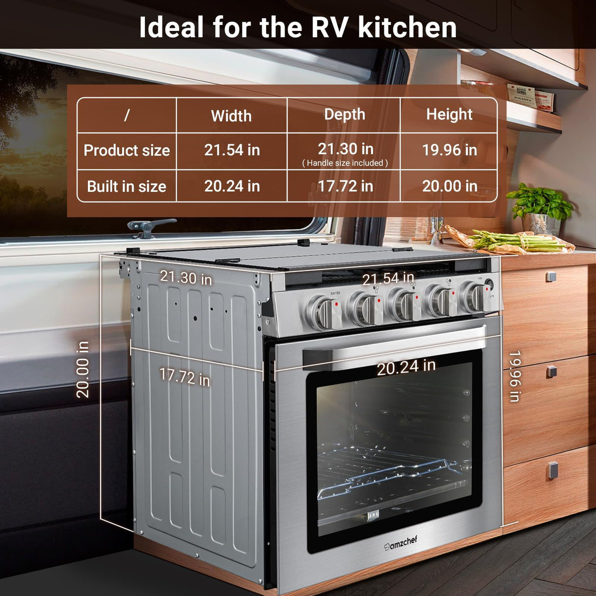 AMZCHEF 21 Inch RV Gas Range Stove 12V. Gas Range Oven for RV Use with 3 Burners, 1.77 Cu.Ft. Capacity Gas Oven, 28,100BTU, Open Flame Configuration, Knob work indicator, Heavy Duty Cast Iron Grates amzchef