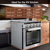 AMZCHEF 21 Inch RV Gas Range Stove 12V. Gas Range Oven for RV Use with 3 Burners, 1.77 Cu.Ft. Capacity Gas Oven, 28,100BTU, Open Flame Configuration, Knob work indicator, Heavy Duty Cast Iron Grates amzchef