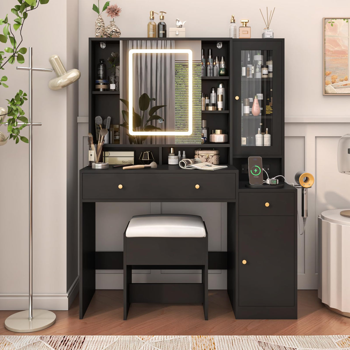 jiteentarou Black Vanity Desk with Sliding Mirror & Lights, Vanity Table Makeup Desk with Charging Station 2 Drawers 2 Doors, Lots Storage Shelves, Large Vanity Set with Cushioned Stool, Black jiteentarou